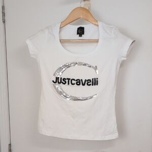 JUST CAVALLI WHITE T SHIRT WITH BEADS LOGO SIZE LARGE